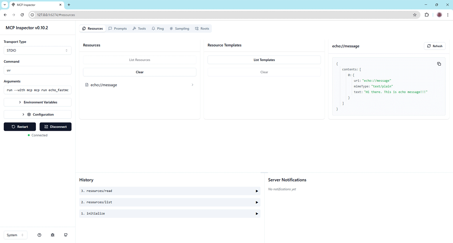MCP Inspector interface showing STDIO transport type, echo resource output, resource templates, and command history including ‘resources/read’ and ‘resources/init’.