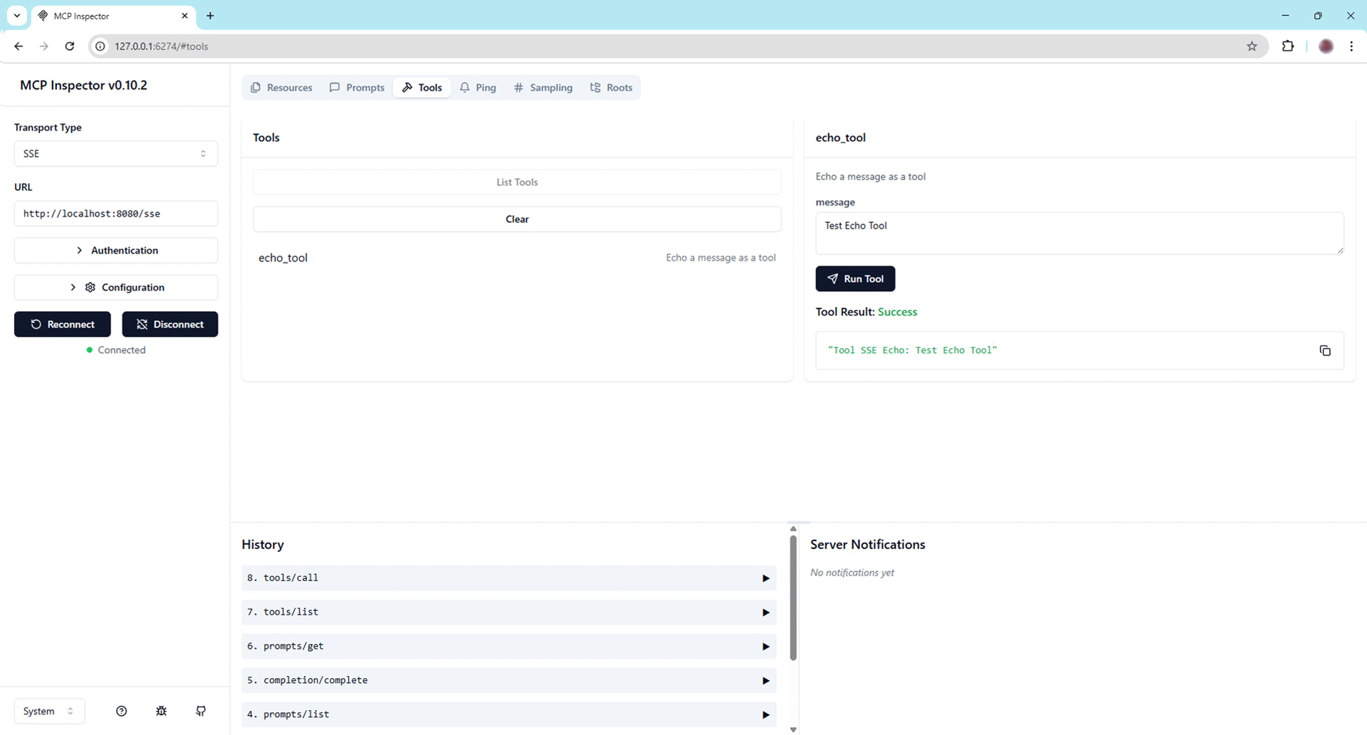MCP Inspector interface showing Server-Sent Events (SSE) transport type, echo_tool execution with success response, and command history including tools/call and prompts/list.