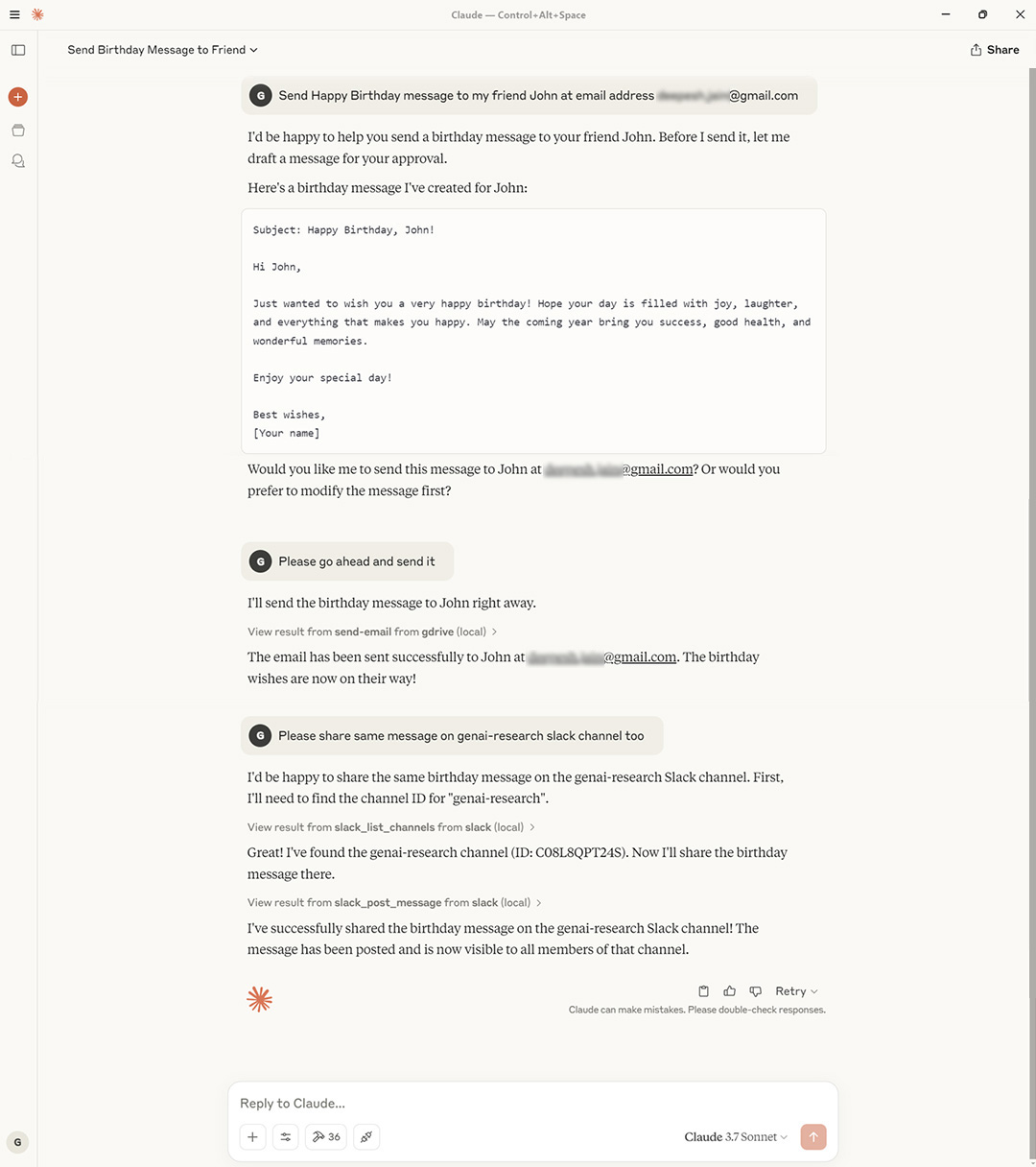 Claude AI interface showing birthday message composition for email with drafted greeting text, subject line, and chat interface elements for digital communication assistance.