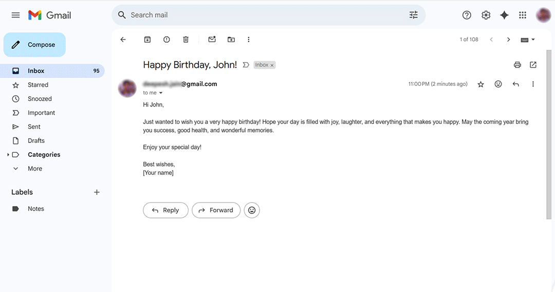 Gmail and Slack interface displaying a birthday email generated by Claude AI using Model Context Protocol integration for automated message composition.