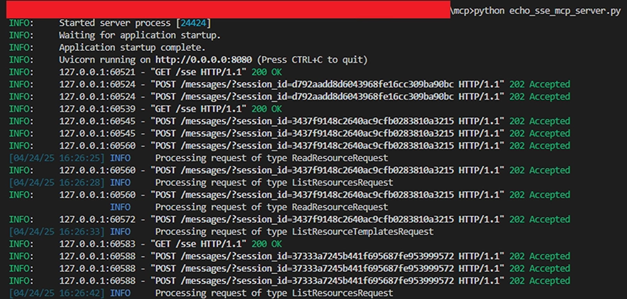 Server process log showing MCP server handling HTTP POST requests with status codes like 200 OK and 202 Accepted, including resource and template request processing.