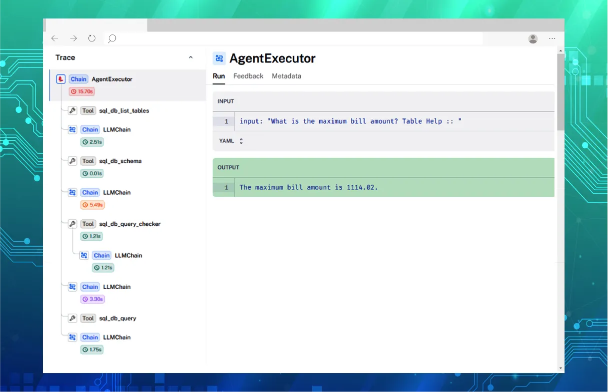 Agent’s tracing in the Langsmith tool, visualizing the flow of queries and responses to enhance transparency and optimize the performance of Gen AI-driven reporting