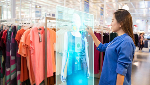 A woman at the retail store using AI to shop for clothes.